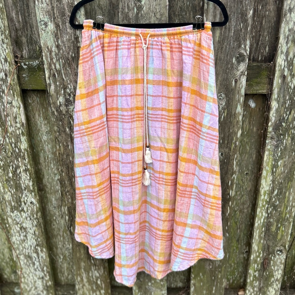 American Eagle Plaid Midi Skirt Linen Blend Cottagecore
